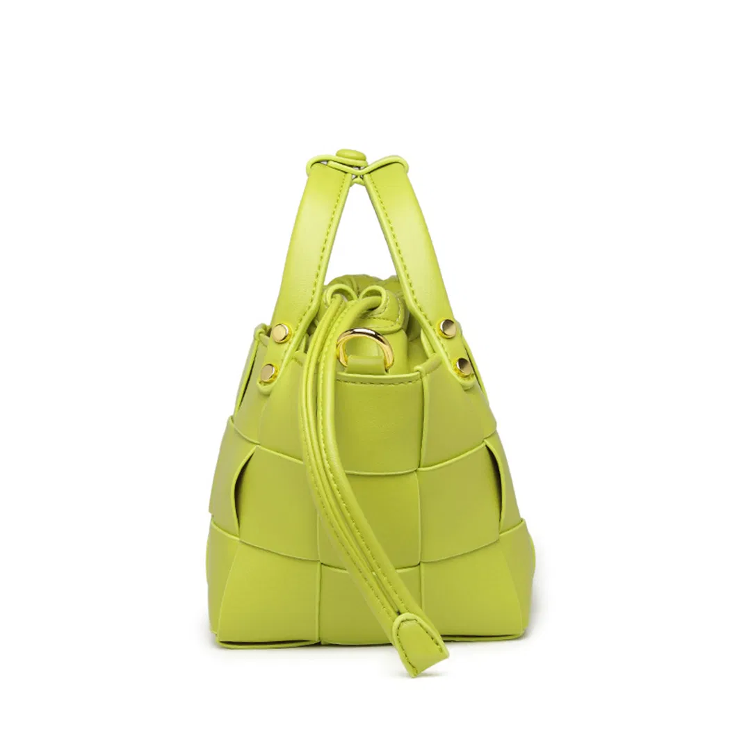 Trending Small Woven Vegan Leather Bucket Bags Fashionable Ladies Creativity Metal Rivet Tote Bags with Custom Printed Logo