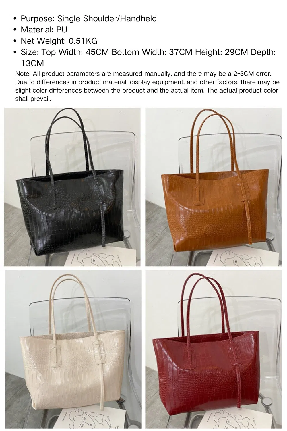 Elegant PU Leather Shopper Tote Fashion Croc Embossed Handbag for Travel