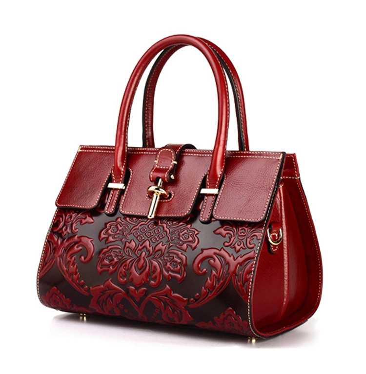 2017 Fashion Design Flowers Embossed Red Leather Handbags for Women