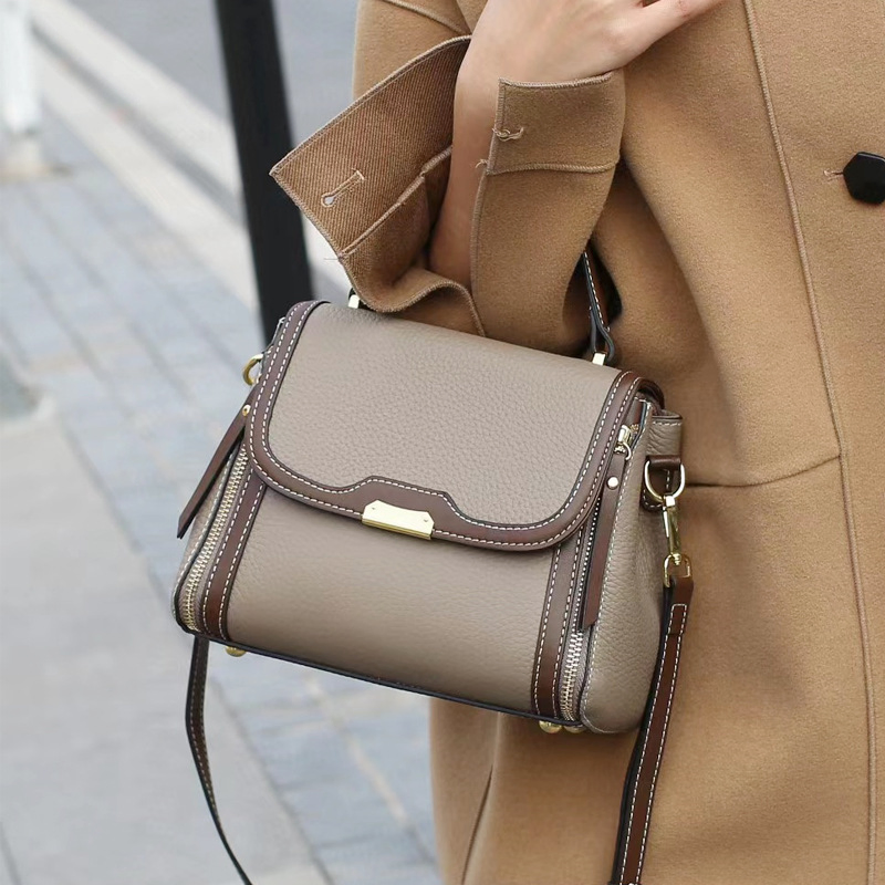 Split Leather Handbag Women Top Handle Crossbody Bag Women Shoulder Bag with 2 Long Straps Color Contrast