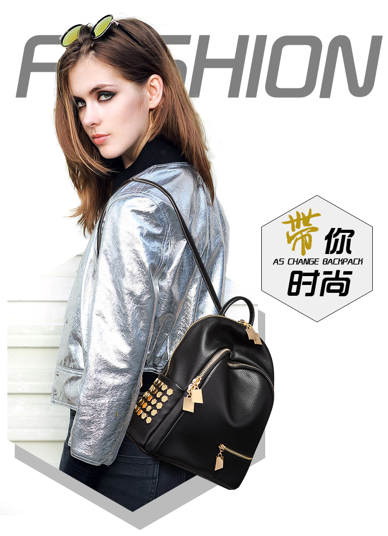 BSCI Bag Wholesaler Manufacturer, RPET PU Vegan Leather Daypack Leisure Double Shoulder Backpack with Studs