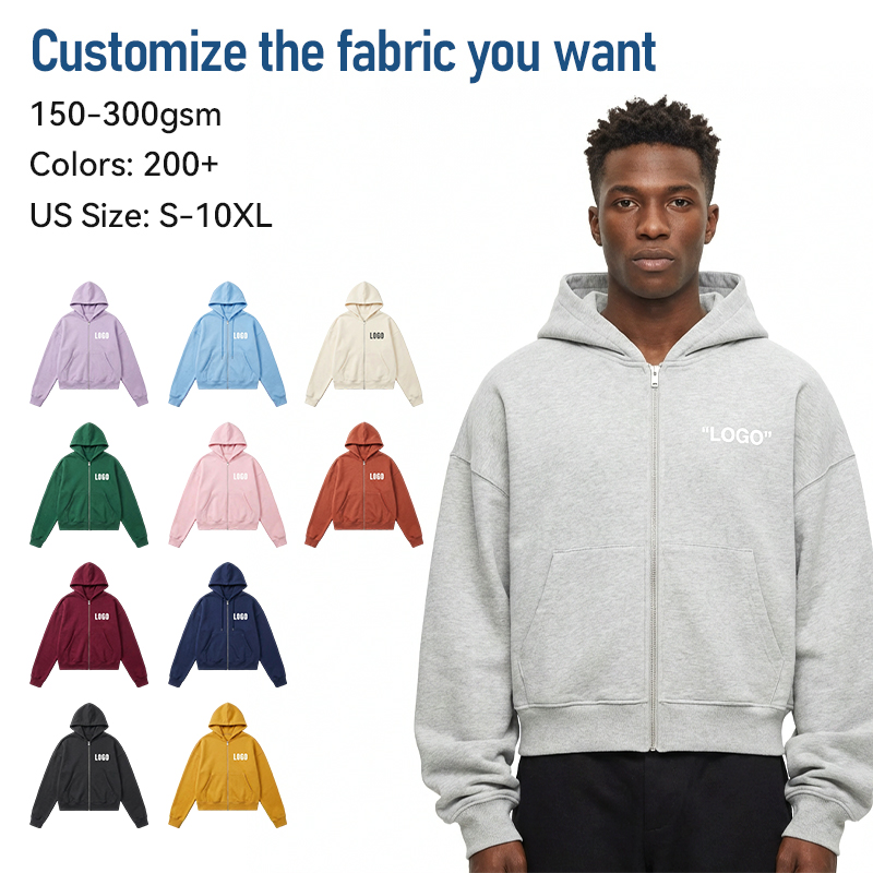 Custom logo Zip up Hoodies Sweatshirts Thick Pullover Blank Puff Printing Heavyweight Boxy High Quality Hoodie with Zippers