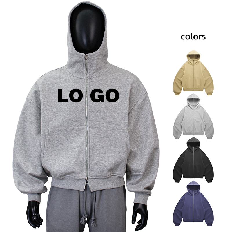 Double Zip Up Boxy Hoodie Custom Heavy Weight 400gsm 420gsm 100% Cotton Cropped Hoodie Men's French Terry Pullover Zipper Hoodie