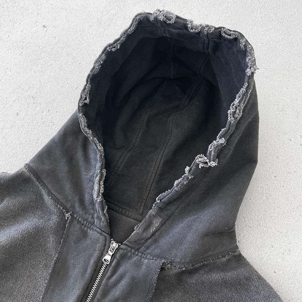 Heavyweight 400Gsm Plus Size Oversized Zip Up Hooded Custom Zipper Acid Wash Distressed Faded Vintage Washed Style Hoodie