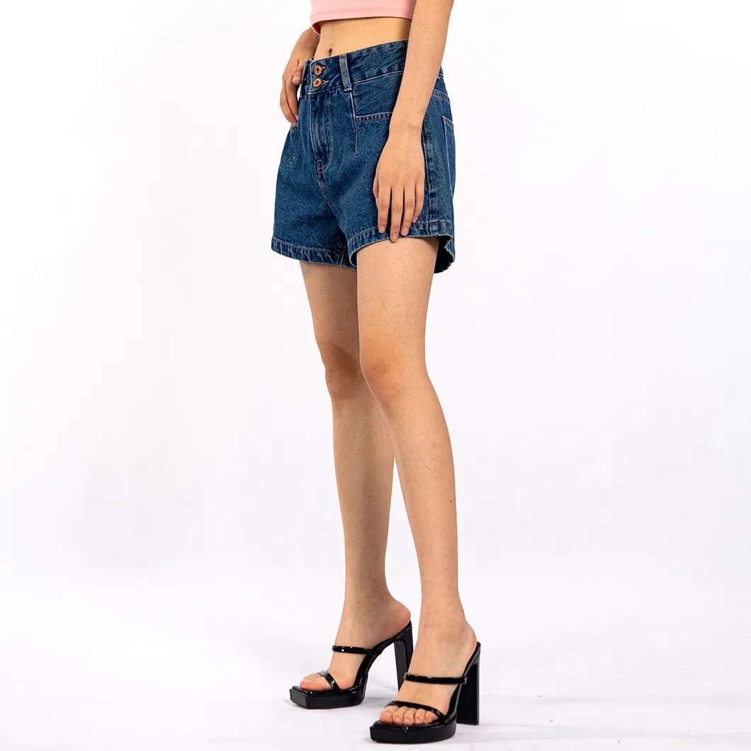 Navy Blue Double Button Loose Casual Summer Denim Shorts Women