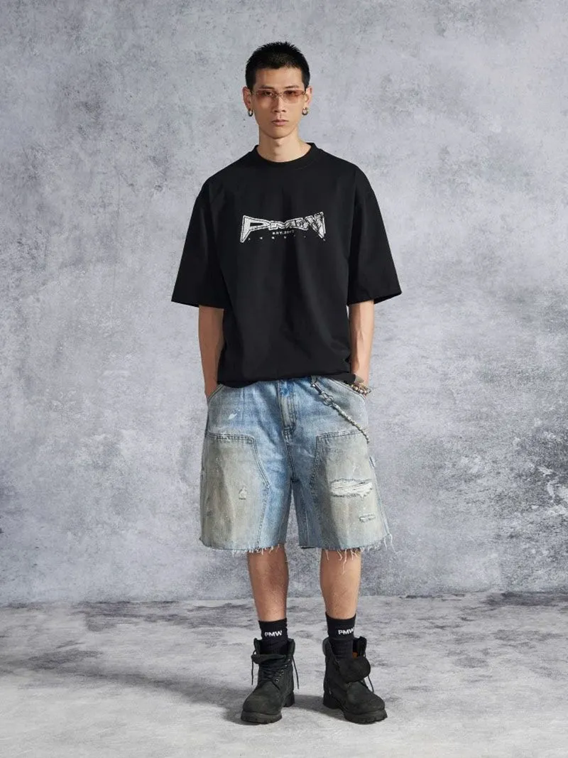 Summer Men's High-End Design Spliced Perforated Straight Leg Denim Shorts