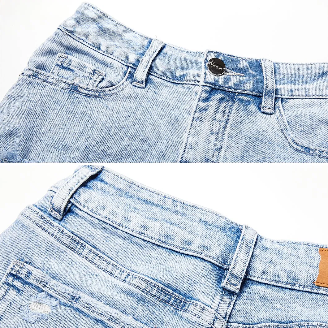 Custom High Waist Butt Lift Destoryed Cotton Blue Washed Home Denim Women Shorts