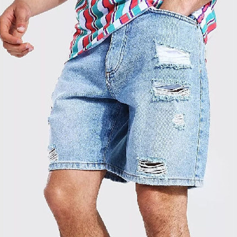 Street Fashion Men's Light Blue Loose-Fitting Casual Breathable Denim Shorts