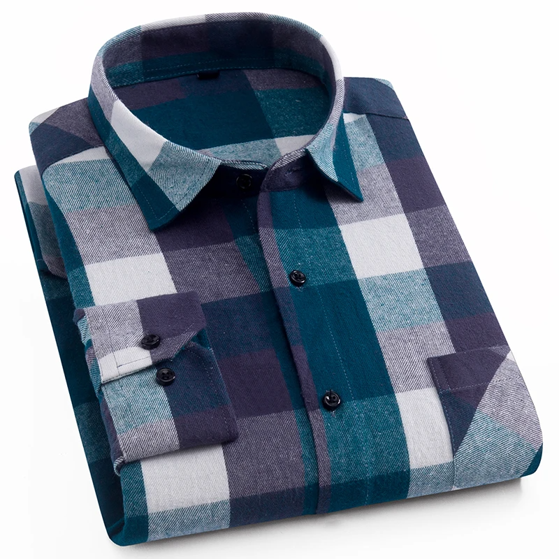 2025 New Men Classic Plaid Flannel Shirt 100% Cotton Long Sleeve Button Casual Summer Daily Wear Street Style Outfits