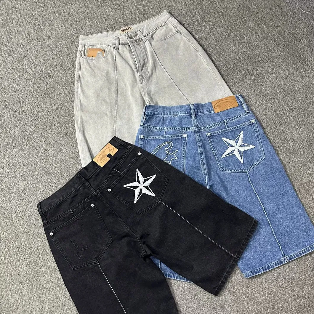 Summer Casual Shorts High Street Retro Distressed Shorts Jeans Star Embroidery Jacket Five-Point Pants Trend Denim
