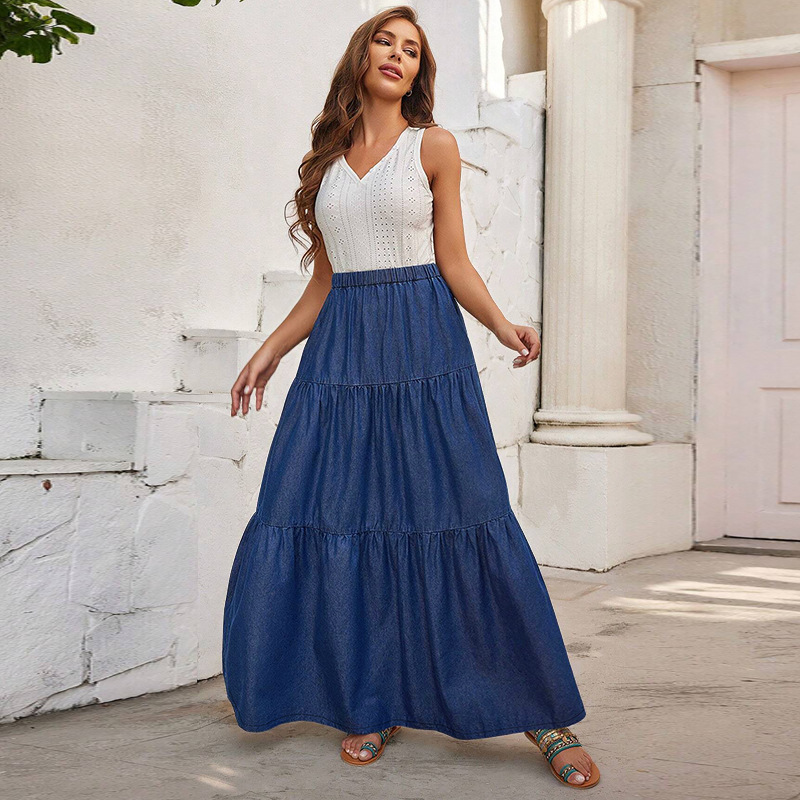 Y218636 High-Quality Plus Size Denim Skirt for Women Casual Elastic Waist Patchwork Ruched Long Jeans Skirt for Ladies