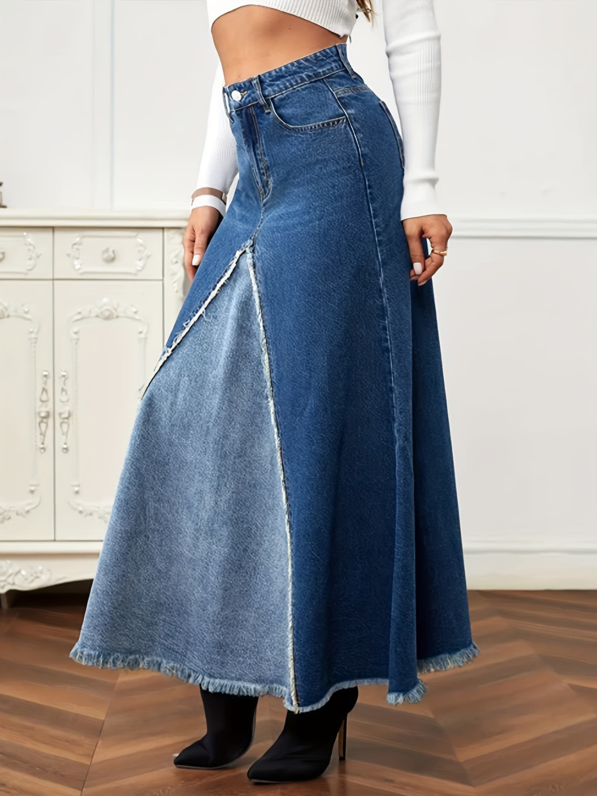 YUANBOFEI Women's Skirts Denim Jean Skirt High Waist Dark Wash Split Detail Lady Slimming Denim Skirts