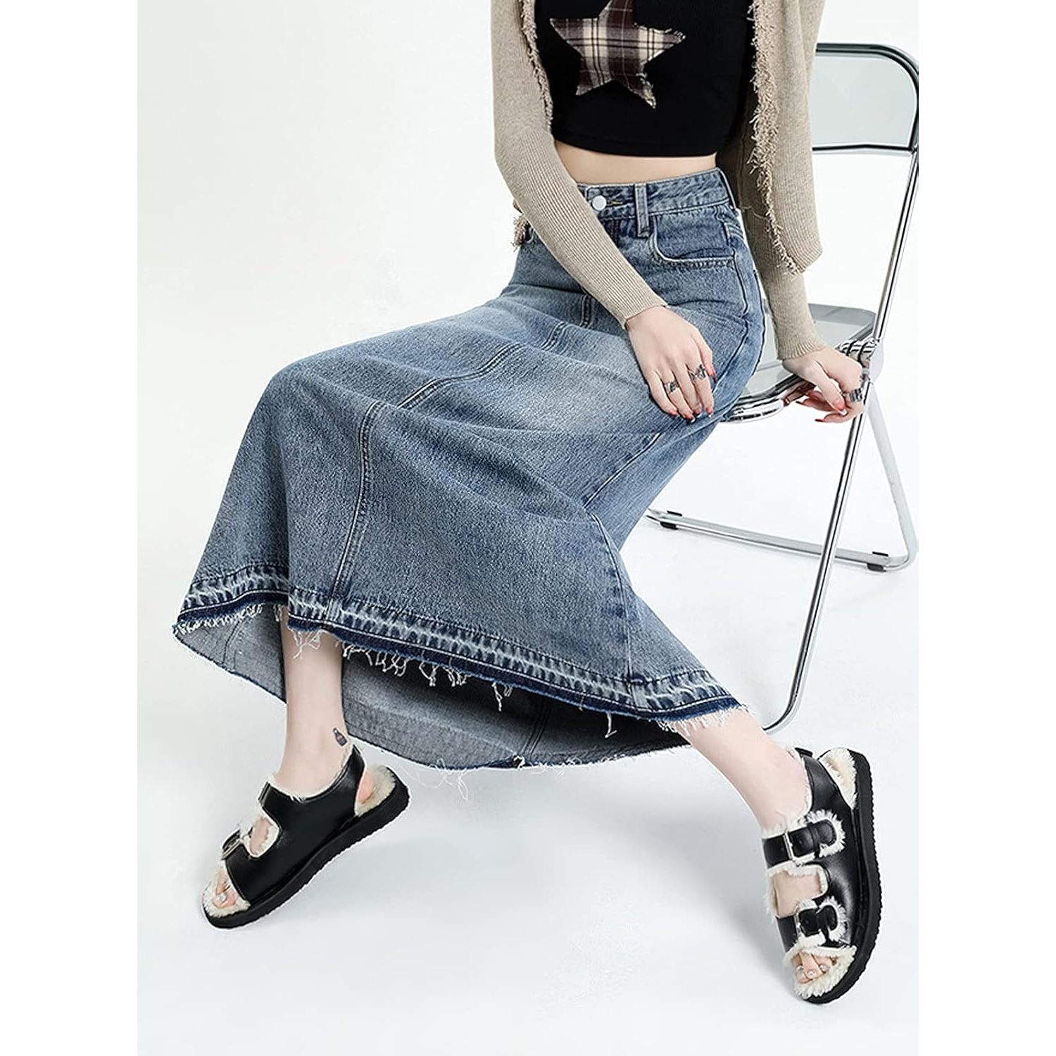 Women's High-Waisted A-Line Maxi Denim Skirt Button Decoration Frayed Raw Hem Washed Technique Casual Y2K Style Summer