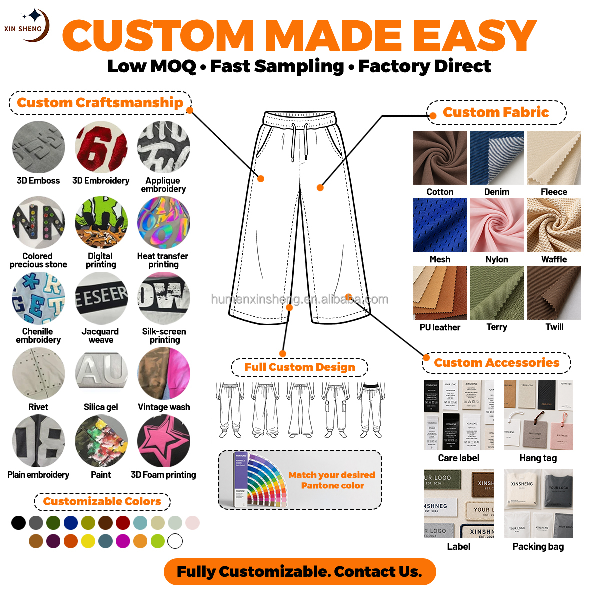 OEM Custom Utility Pocket Color Block Twill Cotton Wide Leg Baggy Vintage Wash Cargo Convertible Pants Men
