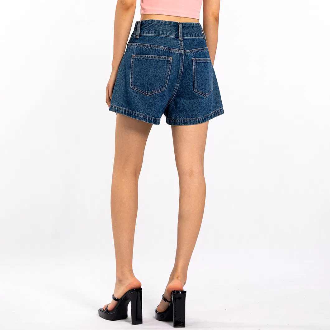 Navy Blue Double Button Loose Casual Summer Denim Shorts Women