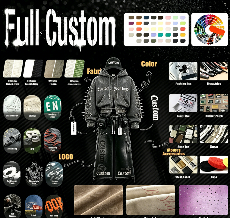 Custom Distressed Embroidery Zip Up Rhinestone Graphic Boxy Hoodie Sweatpants Acid Wash Tracksuit Mens Hoodies Sweatshirt Sets