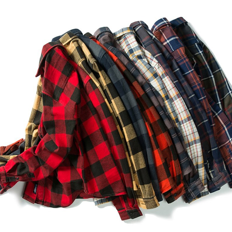 Custom Men's 100% Cotton Thick Autumn Winter Button Down Long Sleeved Shirt Vintage Men Flannel Plaid Shirt