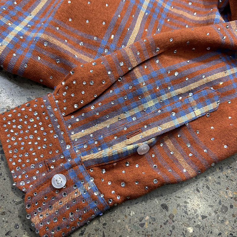 High Quality Men's Orange Plaid Shirt With Full Of Rhinestone Wholesale Fashion Spring Autumn Loose Flannel Long Sleeve Shirts