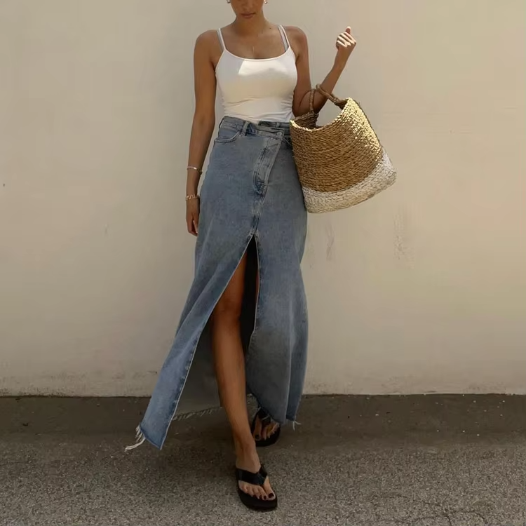 Custom Vintage Vacation Elegant Natural Waist Maxi Jeans Skirt Bottom High Slit Loose Casual Chic Eco-Friendly Breathable