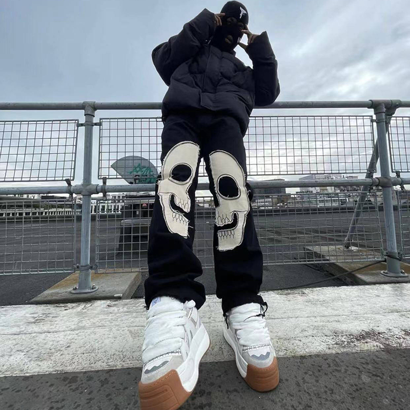 Streetwear Mens Cotton Trousers Sweatpants Custom Men Skull Patchwork Patch Embroidery Fleece Stacked Pants