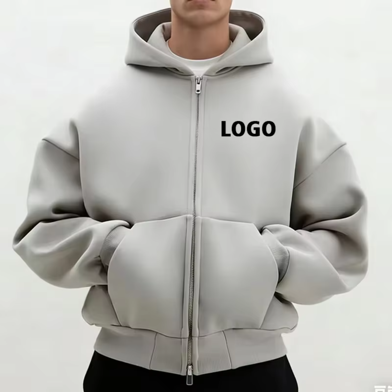 Custom logo Plain 500GSM Heavyweight Cotton French Terry Double Zipper Boxy Oversized Streetwear Men Hoodie Model Style 1