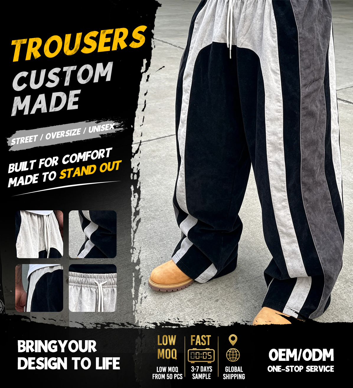 Clothing Manufacturers Custom Embroidery Drawstring Corduroy Pants for Men New Design Patchwork Loose Oversized Wide Leg Pants
