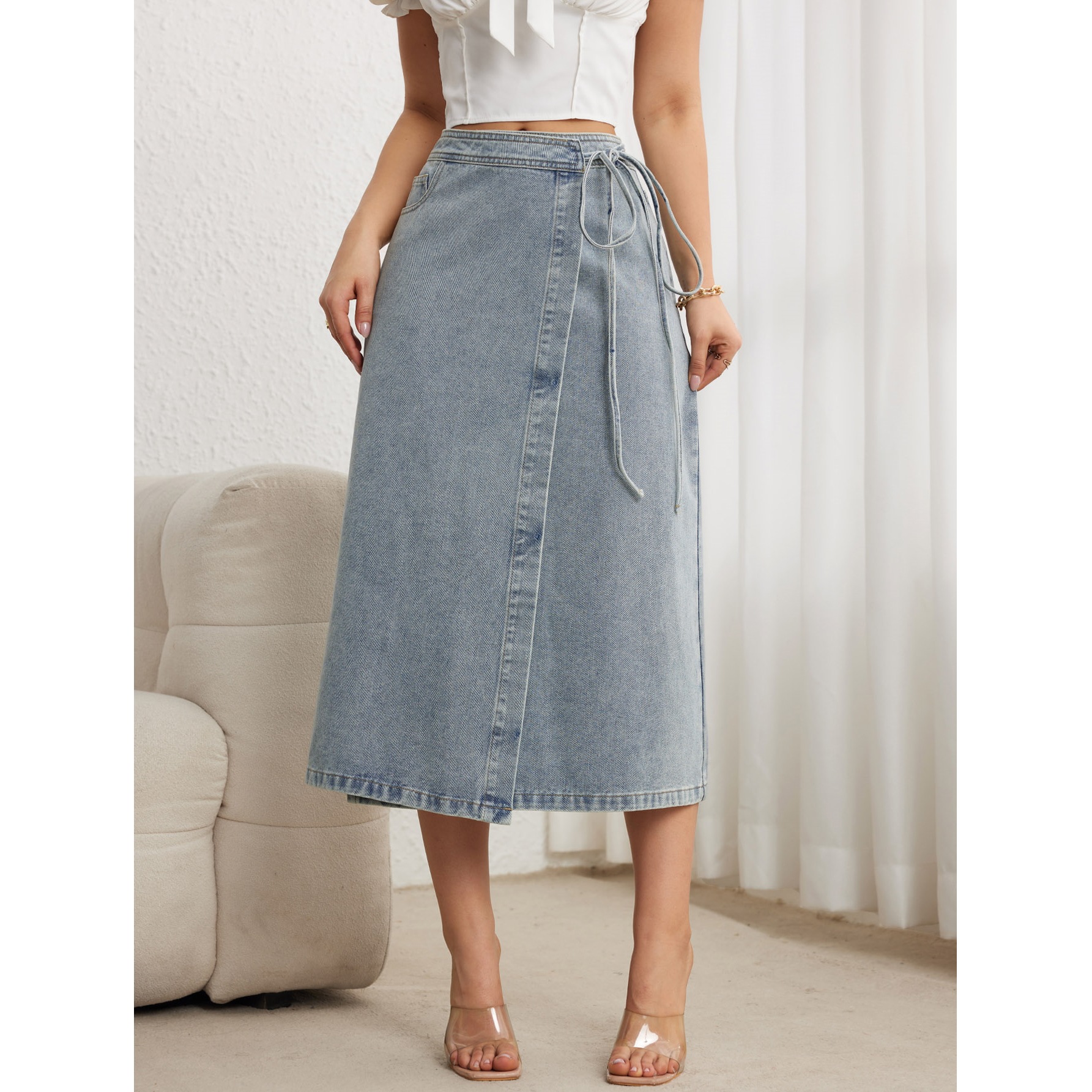 Cross-Border Women's Denim Skirt Side Tie Loose Fit Vintage Split Elegant Mid-Length Pencil Silhouette Quick Dry