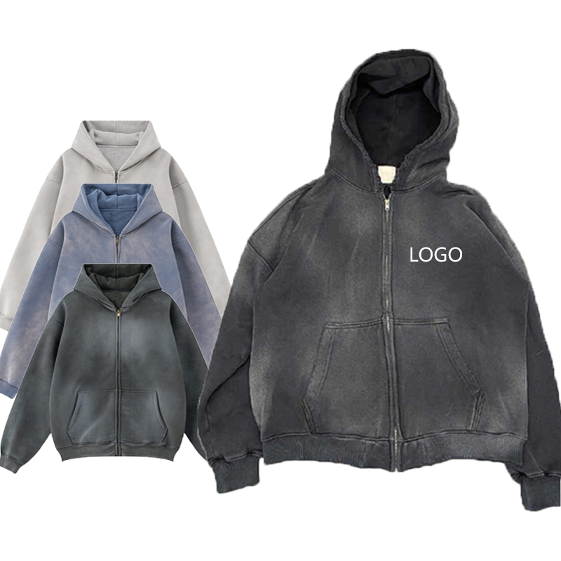 High Quality Cropped Manufacturers Vintage Terry Plus Size Fleece Custom Logo Acid Wash Zip Up Hoodies For Men