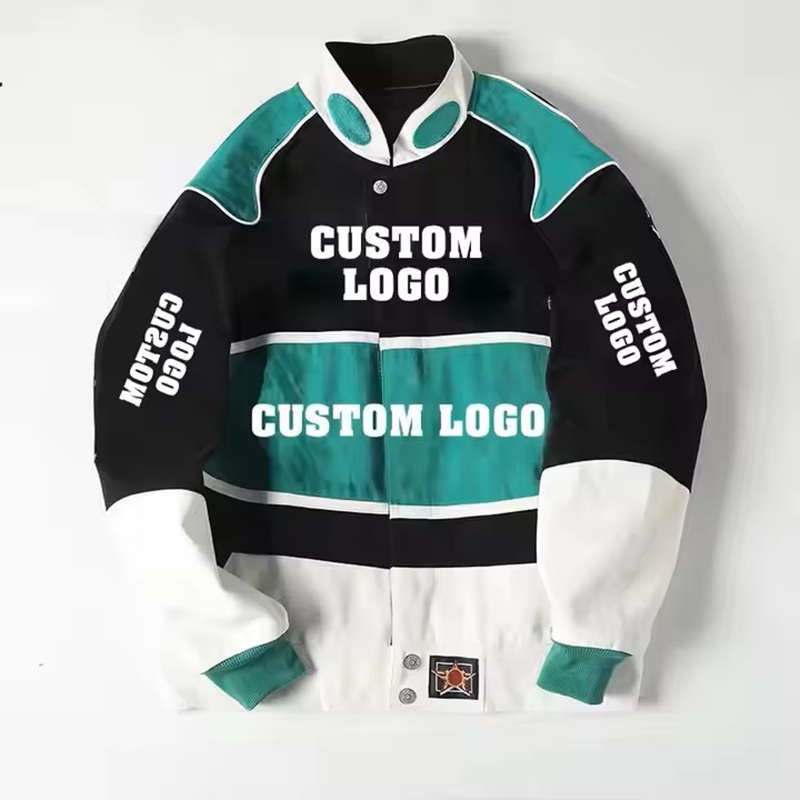 OEM Custom Design High Quality Embroidery Mens Bomber Jackets Color Blocking Button up Motorcycle Vintage Racing Jacket