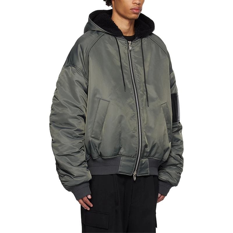 OEM Customized Reversible Insulated Bomber Jacket for Men Streetwear Twill Woolen Collarless for Winter
