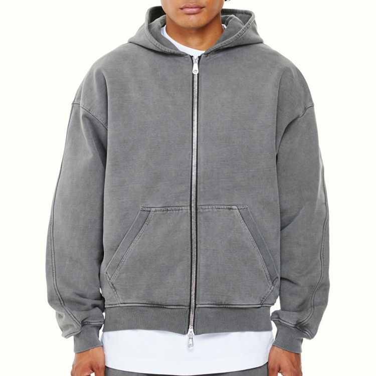 Men's 100% Cotton Custom Logo Drop Shoulder Hoodies Hooded Sweatshirt Oversize Pullover Heavyweight Double Zip-up Hoodie for Men