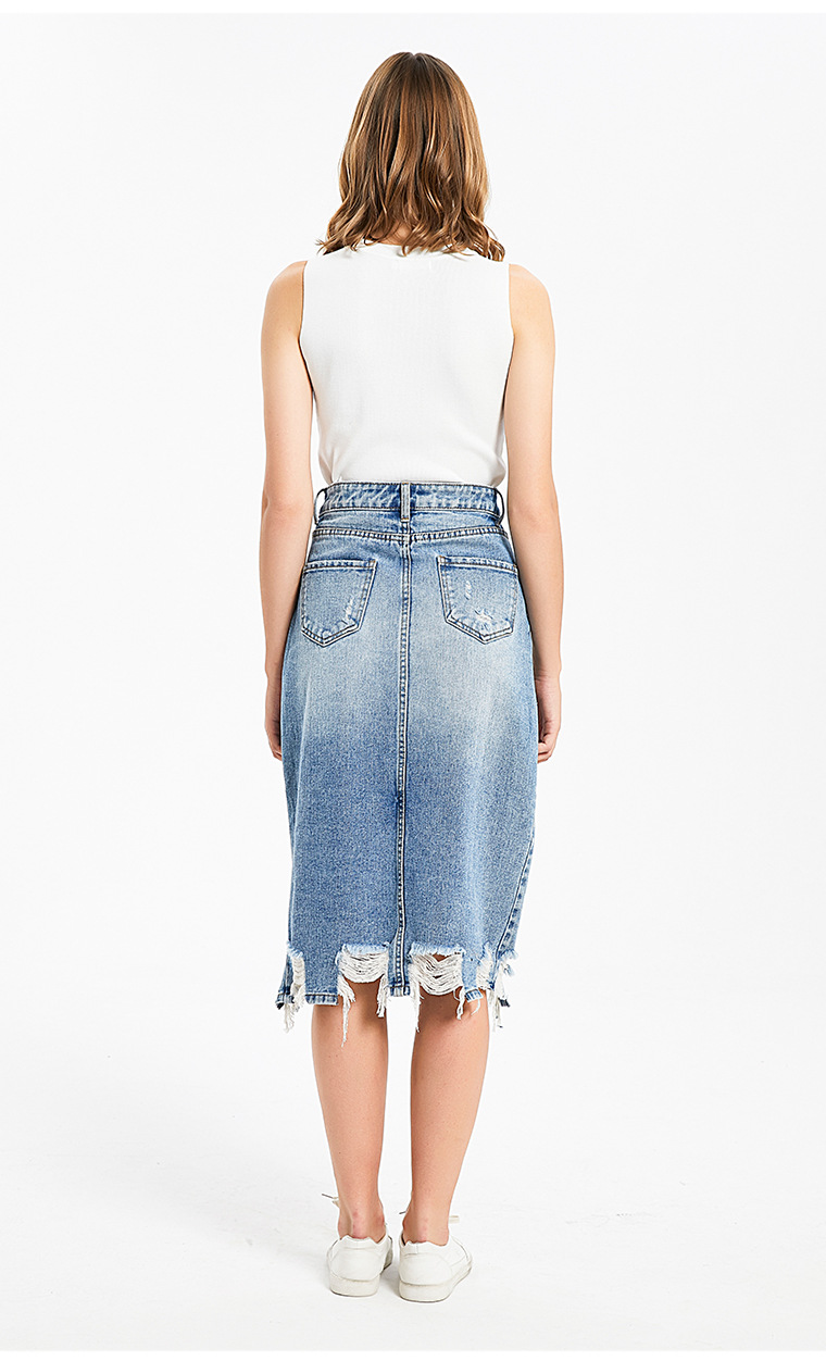 Ripped Denim Skirts Womens Asymmetrical Pencil Jean Skirt Ladies High Split Midi Skirt Plus Size 2XL 3XL
