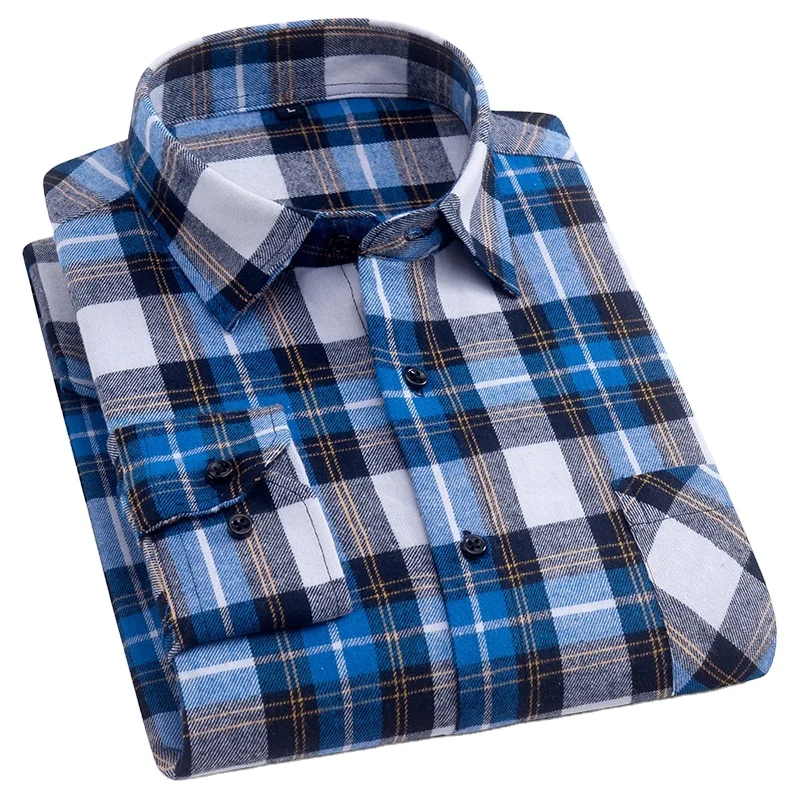 2025 New Men Classic Plaid Flannel Shirt 100% Cotton Long Sleeve Button Casual Summer Daily Wear Street Style Outfits