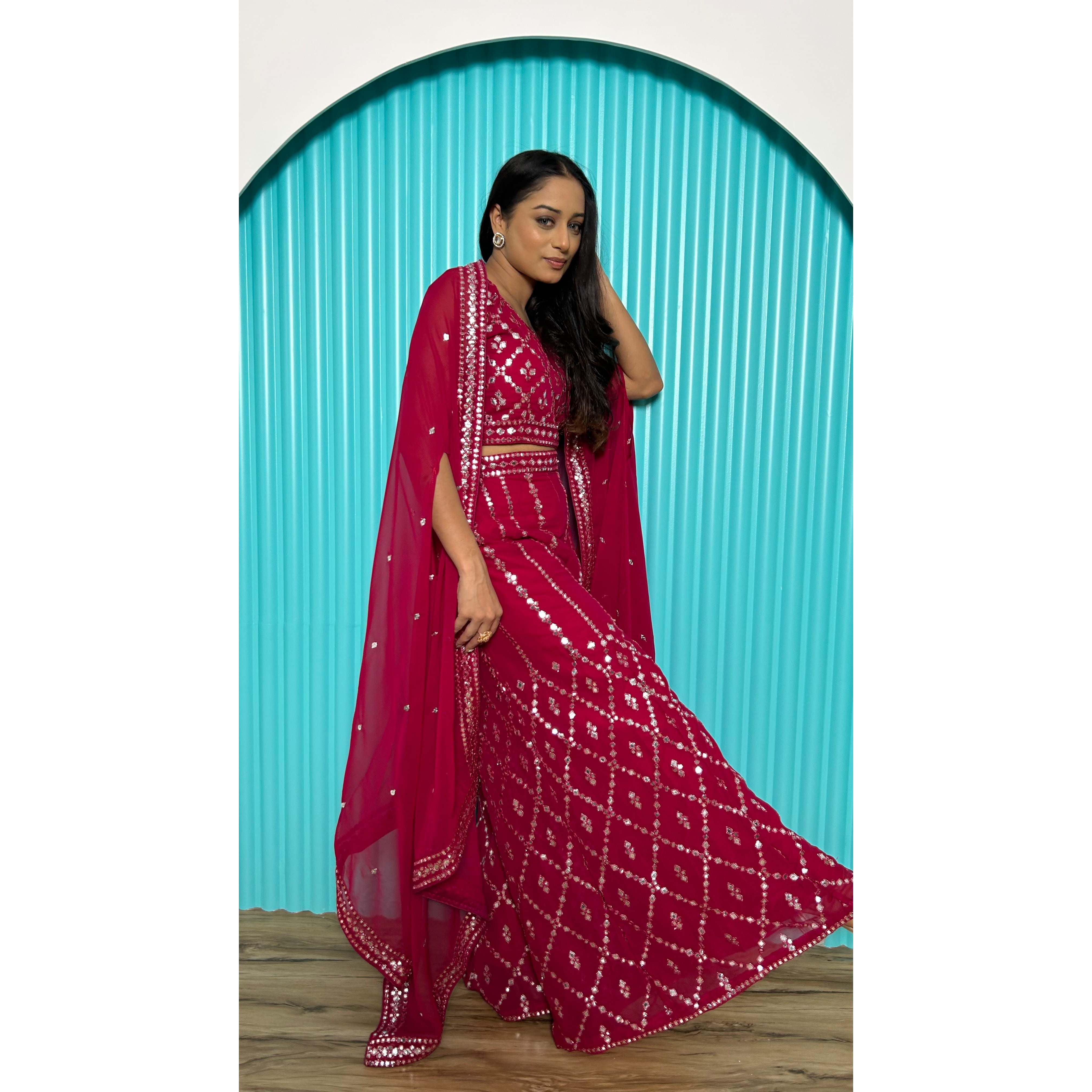 Beautiful Traditional Chinese Clothing-Top Bottom Koti with Foil Mirror and Thread Work