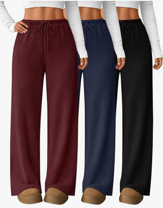Elastic Knitted Ribbed Wide Leg Autumn/Spring Work Trousers with Drawstring Waist Polyester Spandex Blend Casual