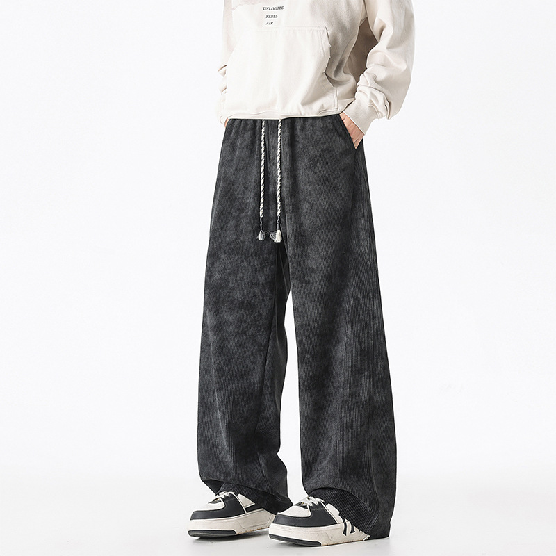 Men's Autumn Corduroy Polyester Fiber Casual Pants Loose Fit Straight-leg Wide-leg Machine Washable