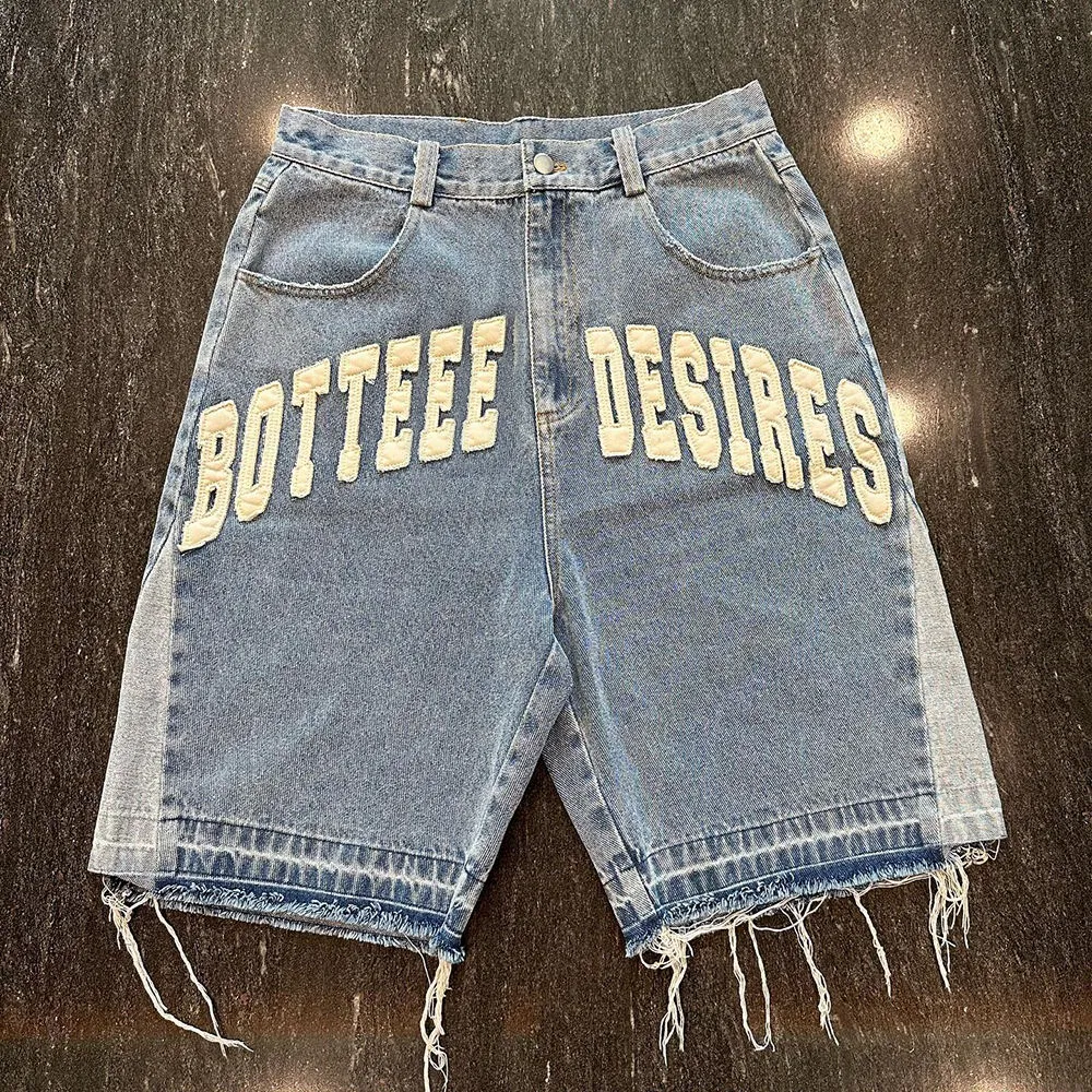Custom Applique Embroidered Patches Raw Hem Cut Edge Distressed Streetwear Jeans Denim Shorts for Men