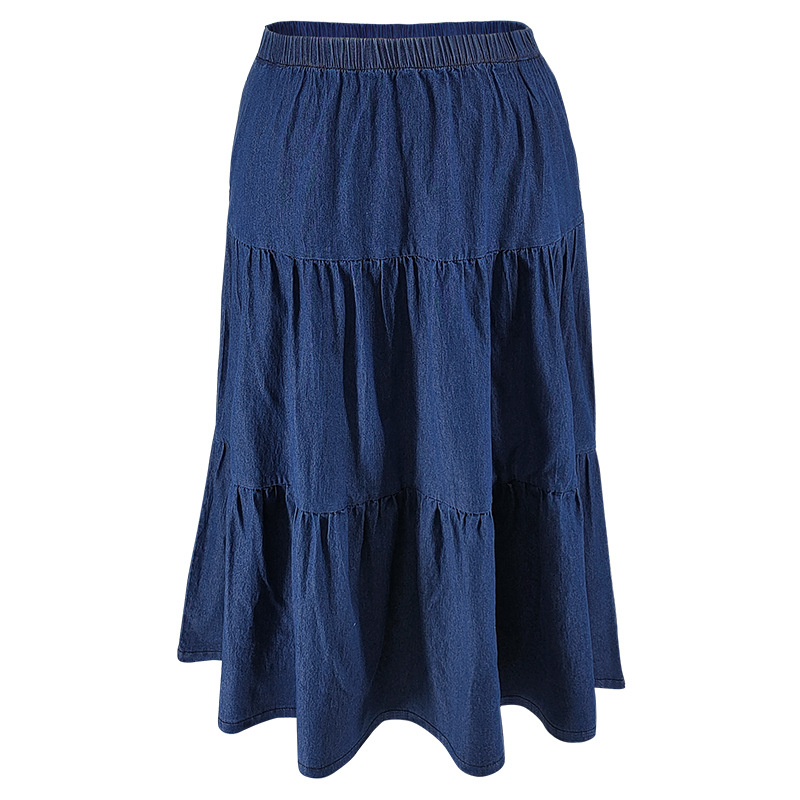 Y218636 High-Quality Plus Size Denim Skirt for Women Casual Elastic Waist Patchwork Ruched Long Jeans Skirt for Ladies