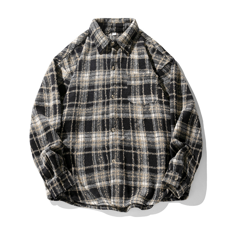 Custom Logo Vintage Mens Dress Shirt Fleece Lined Flannel Shirt for Men Warm Brushed Thicken Plaid Shirt Jacket Mens