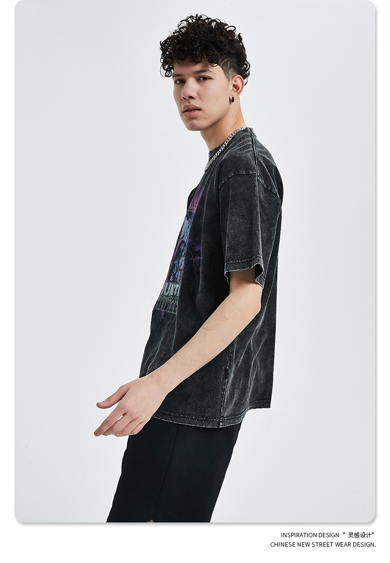 Mens Graphic Tshirt Heavyweight Cotton Hiphop Streetwear Acid Wash Vintage Graphic t Shirts and Shorts Set Custom Vintage Tee