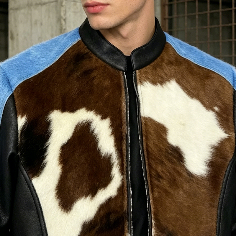 Custom Premium Fuzzy Vintage Biker Cowhide Print Leather Jacket Color Block Patchwork Faux Fur Moto Bomber Streetwear Jackets
