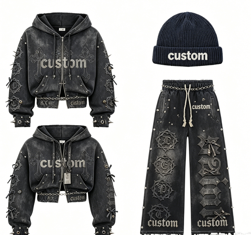 Custom Distressed Embroidery Zip Up Rhinestone Graphic Boxy Hoodie Sweatpants Acid Wash Tracksuit Mens Hoodies Sweatshirt Sets