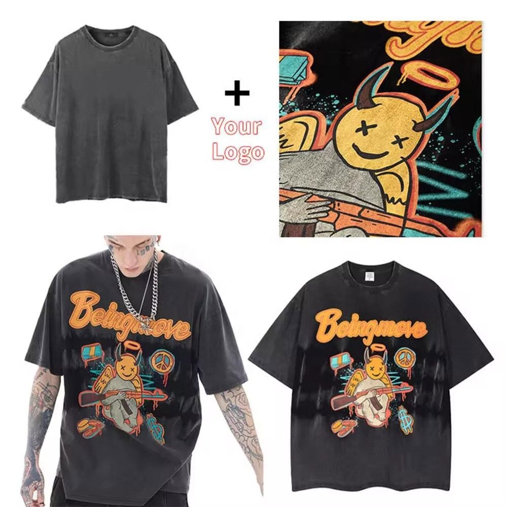 Oem Wholesale Washed Tee Heavy Weight Tshirt Boxy Black Oversized T-Shirt Men'S Graphic Acid Wash Vintage Custom T Shirt