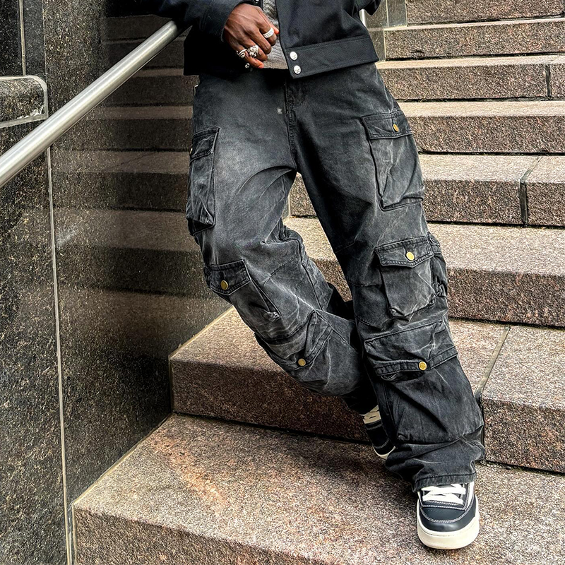 Wholesale Premium Streetwear Custom Distressed Faded Cargo Pants with Multiple Pockets