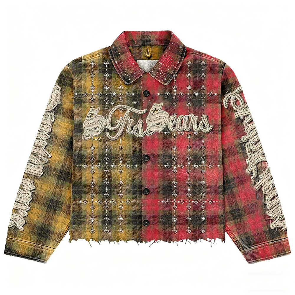 Custom Boxy Cropped Shirt Long Sleeve Diamond Rhinestone Embroidery Distressed T-shirt Button Up Check Plaid Flannel Shirt Men