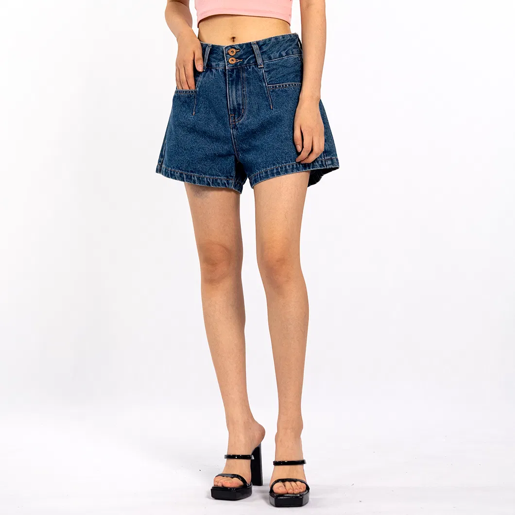 Navy Blue Double Button Loose Casual Summer Denim Shorts Women
