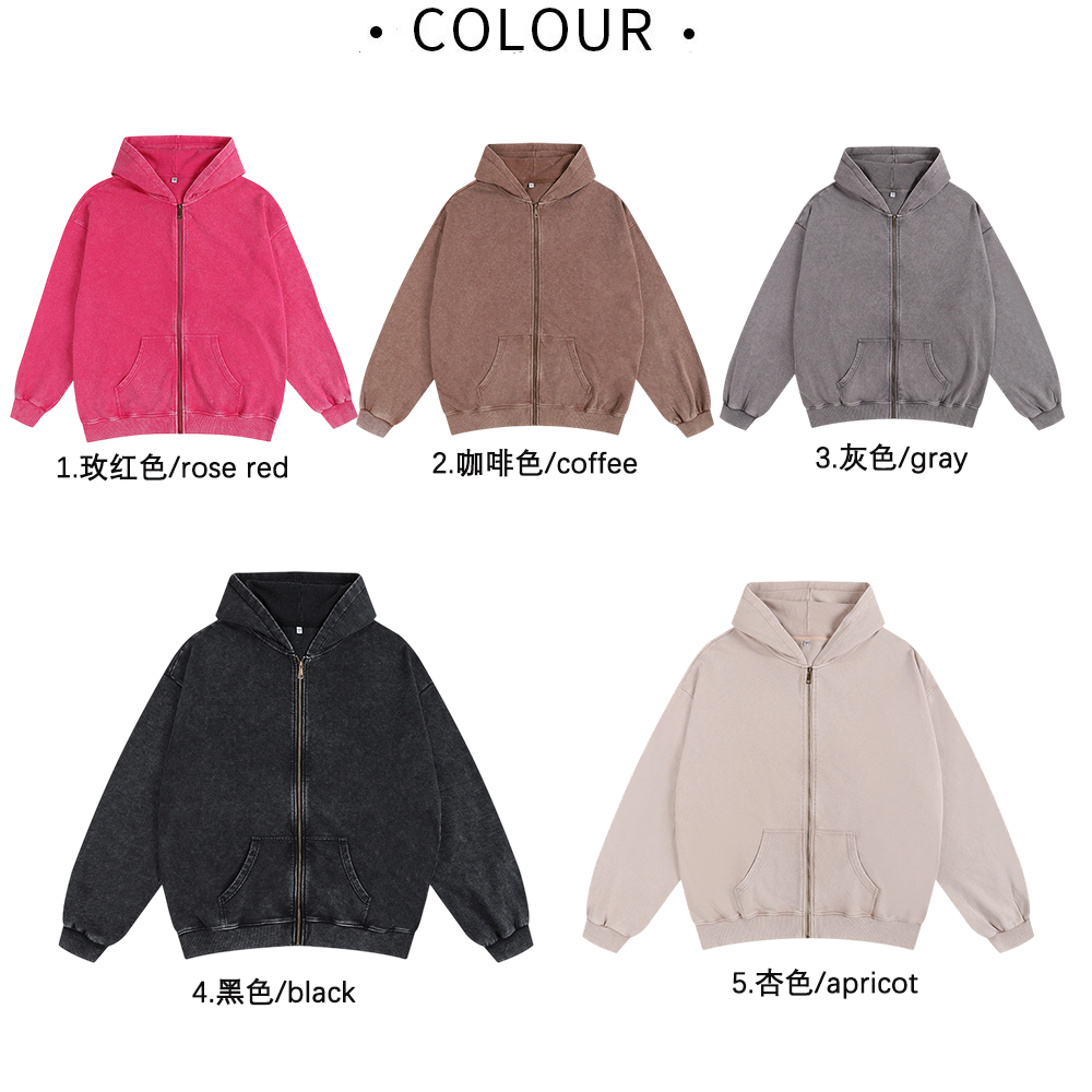 Acid Wash Hoodie Zip up Custom Cropped Oversize Cotton Vintage Sweatshirt with logo Printing Men Heavyweight Acid Washed Hoodie
