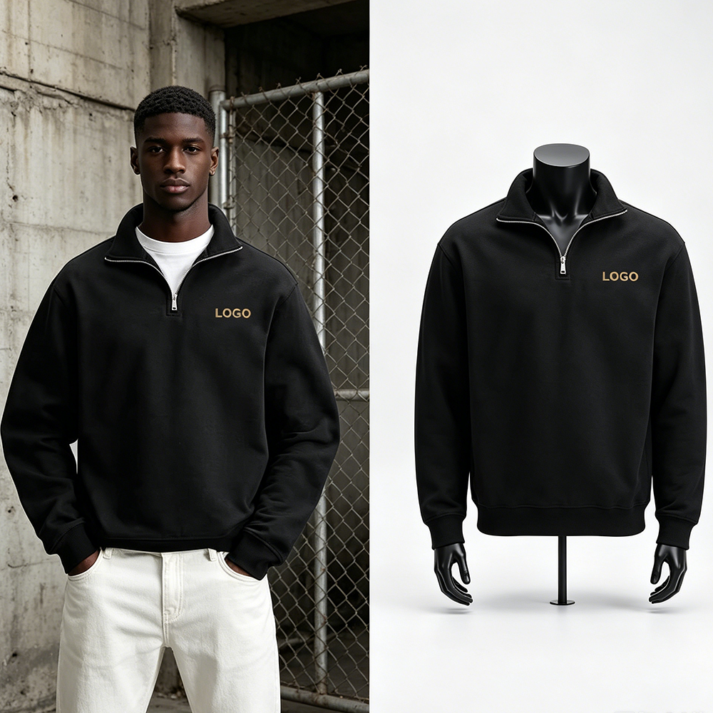 Custom Logo Embroidery Quarter Zip Sweatshirts Men Cotton Heavyweight Pullover Streetwear Oversized Boxy Fit Half Zip Hoodie