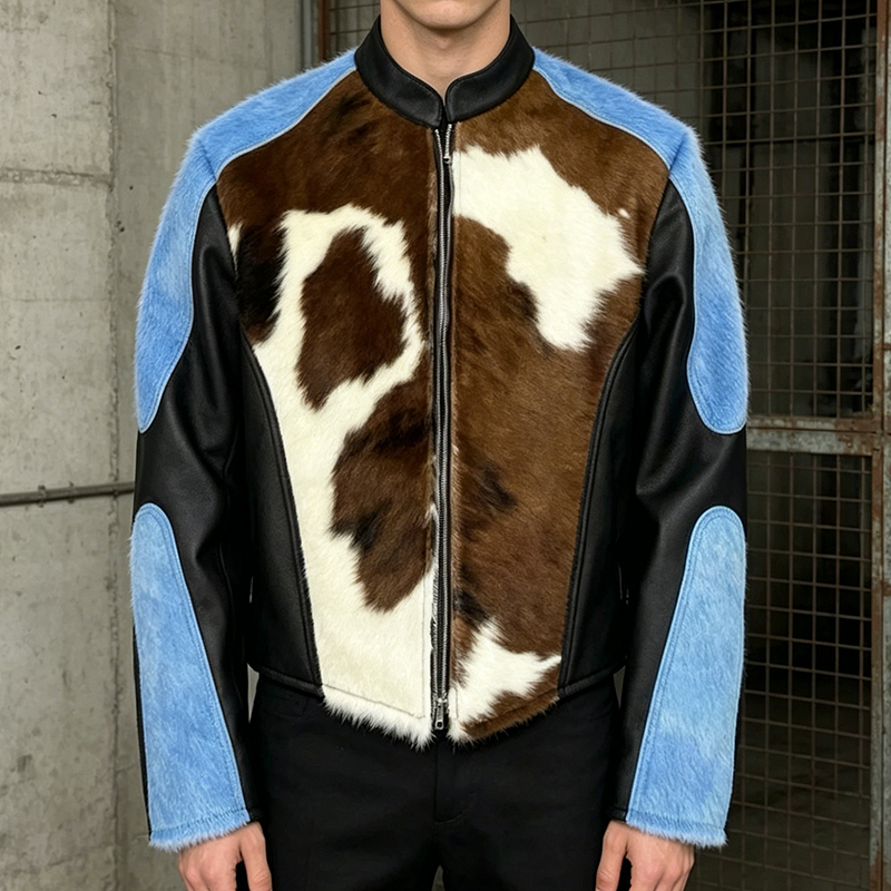 Custom Premium Fuzzy Vintage Biker Cowhide Print Leather Jacket Color Block Patchwork Faux Fur Moto Bomber Streetwear Jackets