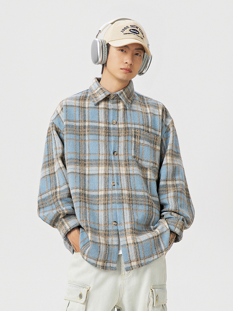 Custom Logo Vintage Mens Dress Shirt Fleece Lined Flannel Shirt for Men Warm Brushed Thicken Plaid Shirt Jacket Mens